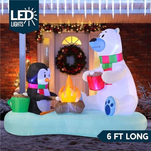 New 6 FT Long Christmas Inflatable Polar Bear and Penguin with Campfire - Picture 2 of 7